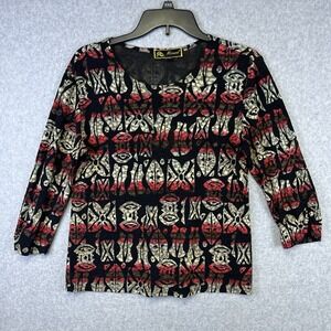 Mirasol Blouse Women's M Abstract Tribal Print Top 3/4‎ Sleeve Scoop Neck Boho